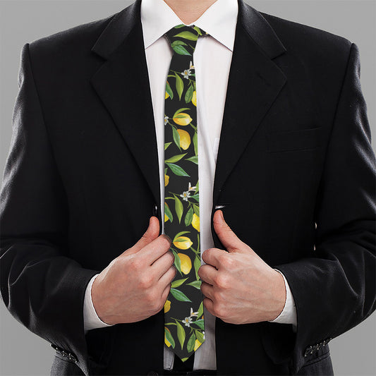 Lemon And Flower Pattern Print Necktie