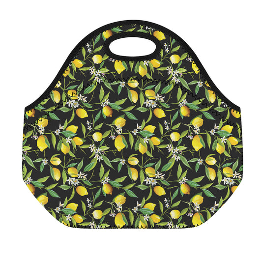 Lemon And Flower Pattern Print Neoprene Lunch Bag