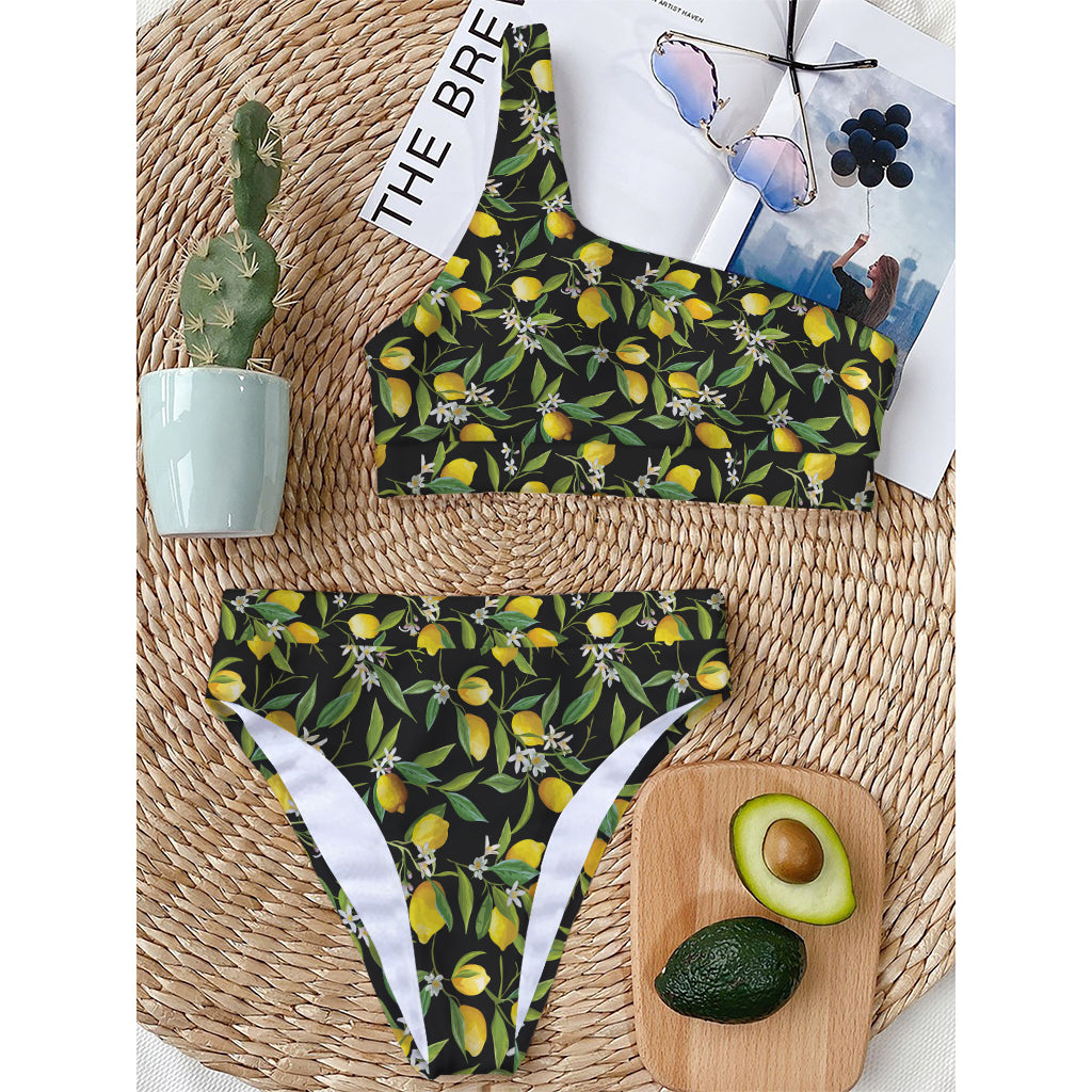 Lemon And Flower Pattern Print One Shoulder Bikini Top