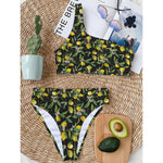 Lemon And Flower Pattern Print One Shoulder Bikini Top