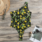 Lemon And Flower Pattern Print One Shoulder Bodysuit