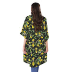Lemon And Flower Pattern Print Open Front Beach Cover Up