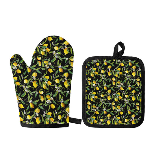 Lemon And Flower Pattern Print Oven Mitt And Pot Holder Set