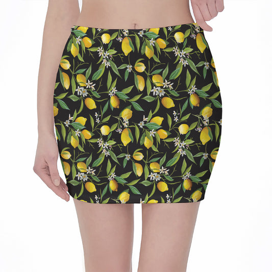 Lemon And Flower Pattern Print Pencil Mini Skirt