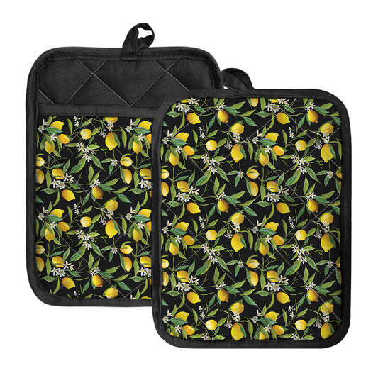 Lemon And Flower Pattern Print Pot Holders With Pocket