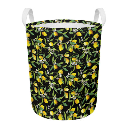 Lemon And Flower Pattern Print Round Laundry Basket