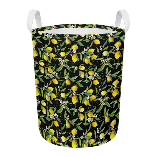 Lemon And Flower Pattern Print Round Laundry Basket