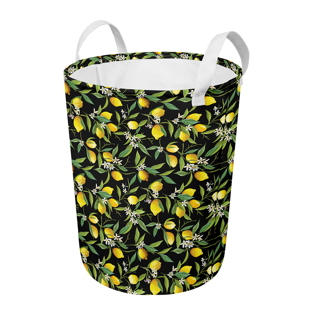 Lemon And Flower Pattern Print Round Laundry Basket
