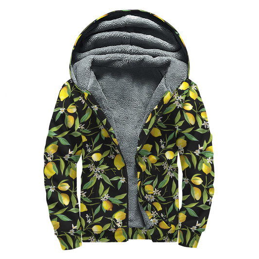 Lemon And Flower Pattern Print Sherpa Lined Zip Up Hoodie