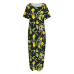 Lemon And Flower Pattern Print Short Sleeve Long Nightdress