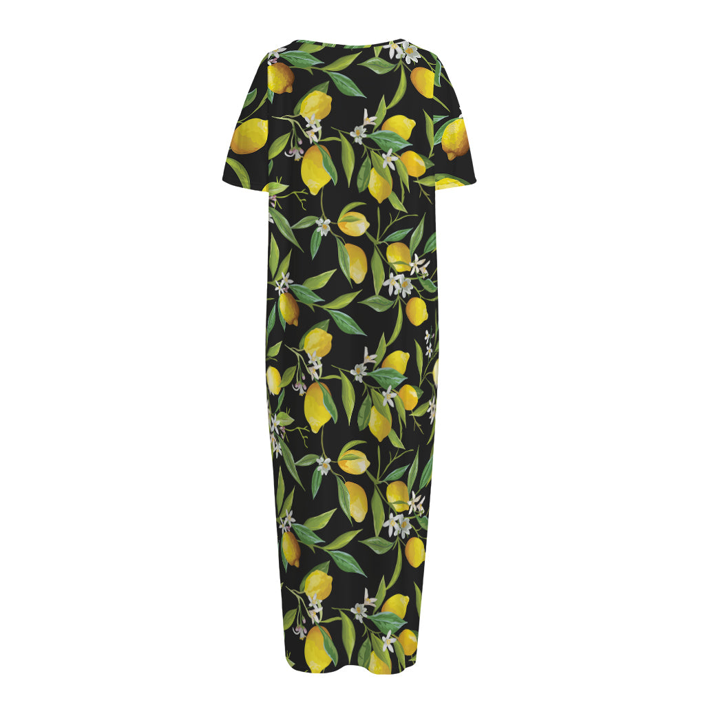 Lemon And Flower Pattern Print Short Sleeve Long Nightdress