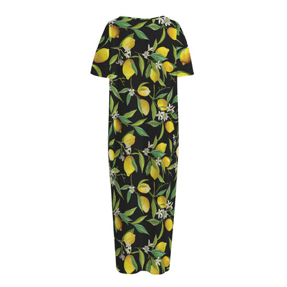 Lemon And Flower Pattern Print Short Sleeve Long Nightdress