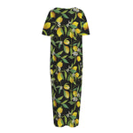 Lemon And Flower Pattern Print Short Sleeve Long Nightdress