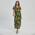 Lemon And Flower Pattern Print Short Sleeve Maxi Dress