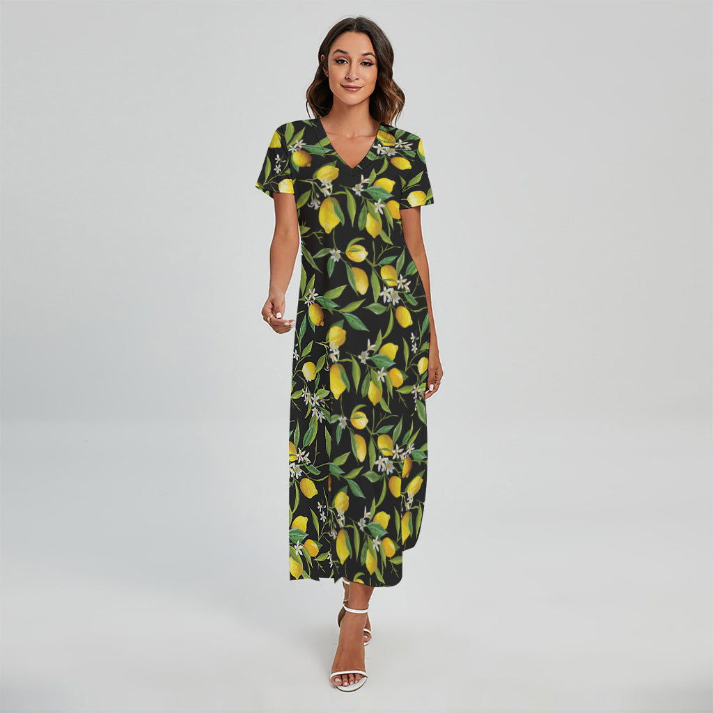 Lemon And Flower Pattern Print Short Sleeve Maxi Dress