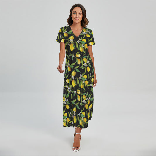 Lemon And Flower Pattern Print Short Sleeve Maxi Dress