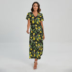 Lemon And Flower Pattern Print Short Sleeve Maxi Dress