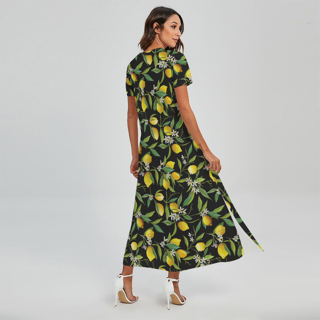 Lemon And Flower Pattern Print Short Sleeve Maxi Dress
