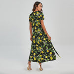 Lemon And Flower Pattern Print Short Sleeve Maxi Dress