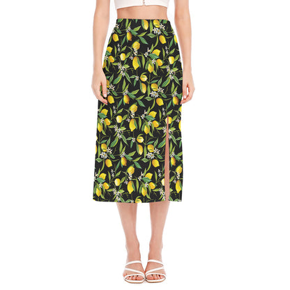 Lemon And Flower Pattern Print Side Slit Midi Skirt
