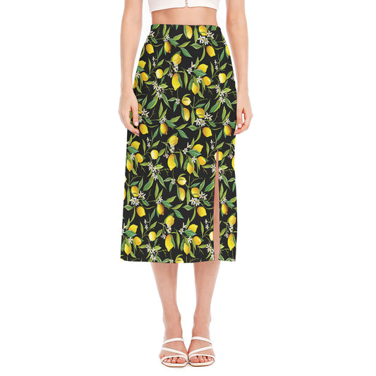 Lemon And Flower Pattern Print Side Slit Midi Skirt