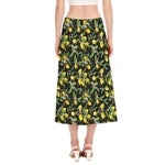 Lemon And Flower Pattern Print Side Slit Midi Skirt