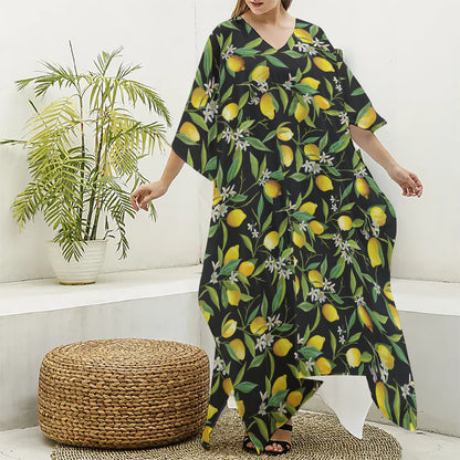 Lemon And Flower Pattern Print Silk V-Neck Kaftan Dress