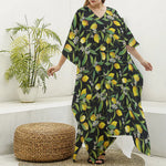 Lemon And Flower Pattern Print Silk V-Neck Kaftan Dress