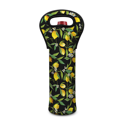 Lemon And Flower Pattern Print Single Neoprene Wine Tote