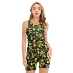 Lemon And Flower Pattern Print Sleeveless One Piece Swimsuit