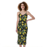 Lemon And Flower Pattern Print Slim Fit Midi Cami Dress