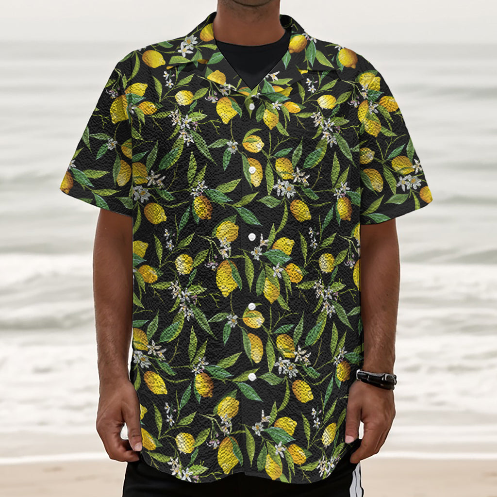 Lemon And Flower Pattern Print Textured Short Sleeve Shirt