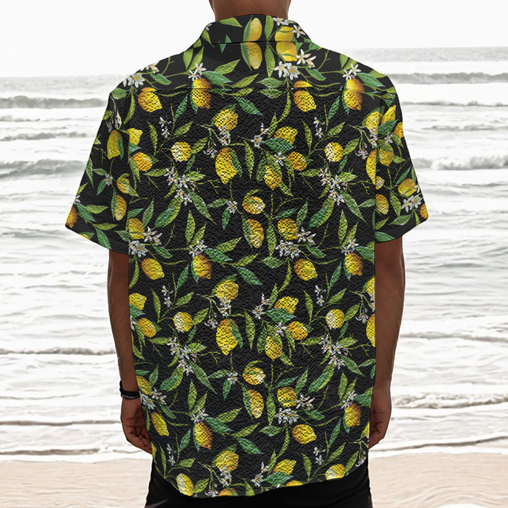 Lemon And Flower Pattern Print Textured Short Sleeve Shirt