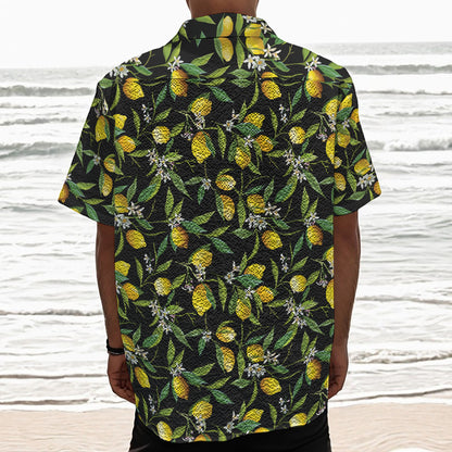 Lemon And Flower Pattern Print Textured Short Sleeve Shirt