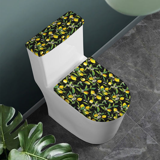 Lemon And Flower Pattern Print Toilet Lid And Tank Cover Set