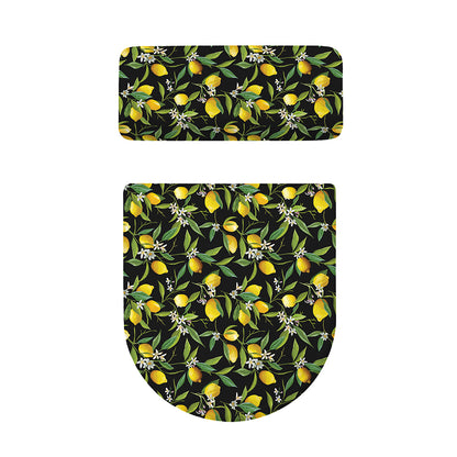 Lemon And Flower Pattern Print Toilet Lid And Tank Cover Set