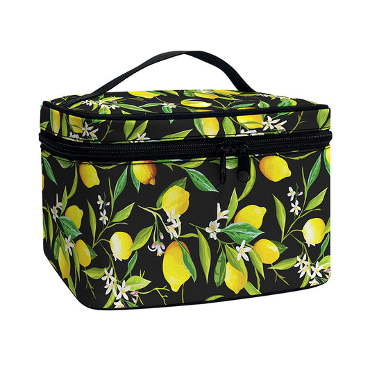 Lemon And Flower Pattern Print Travel Makeup Bag