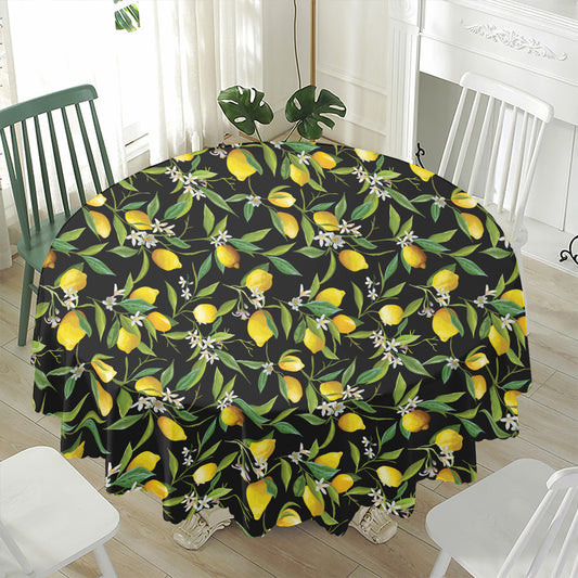 Lemon And Flower Pattern Print Waterproof Round Tablecloth