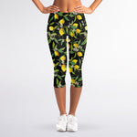 Lemon And Flower Pattern Print Women's Capri Leggings