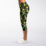 Lemon And Flower Pattern Print Women's Capri Leggings