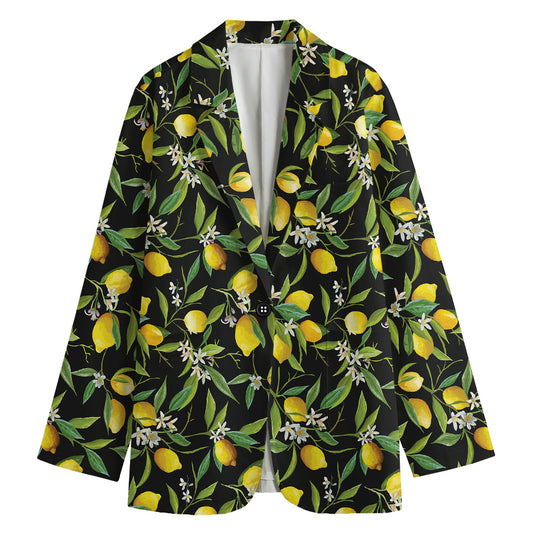 Lemon And Flower Pattern Print Women's Cotton Blazer