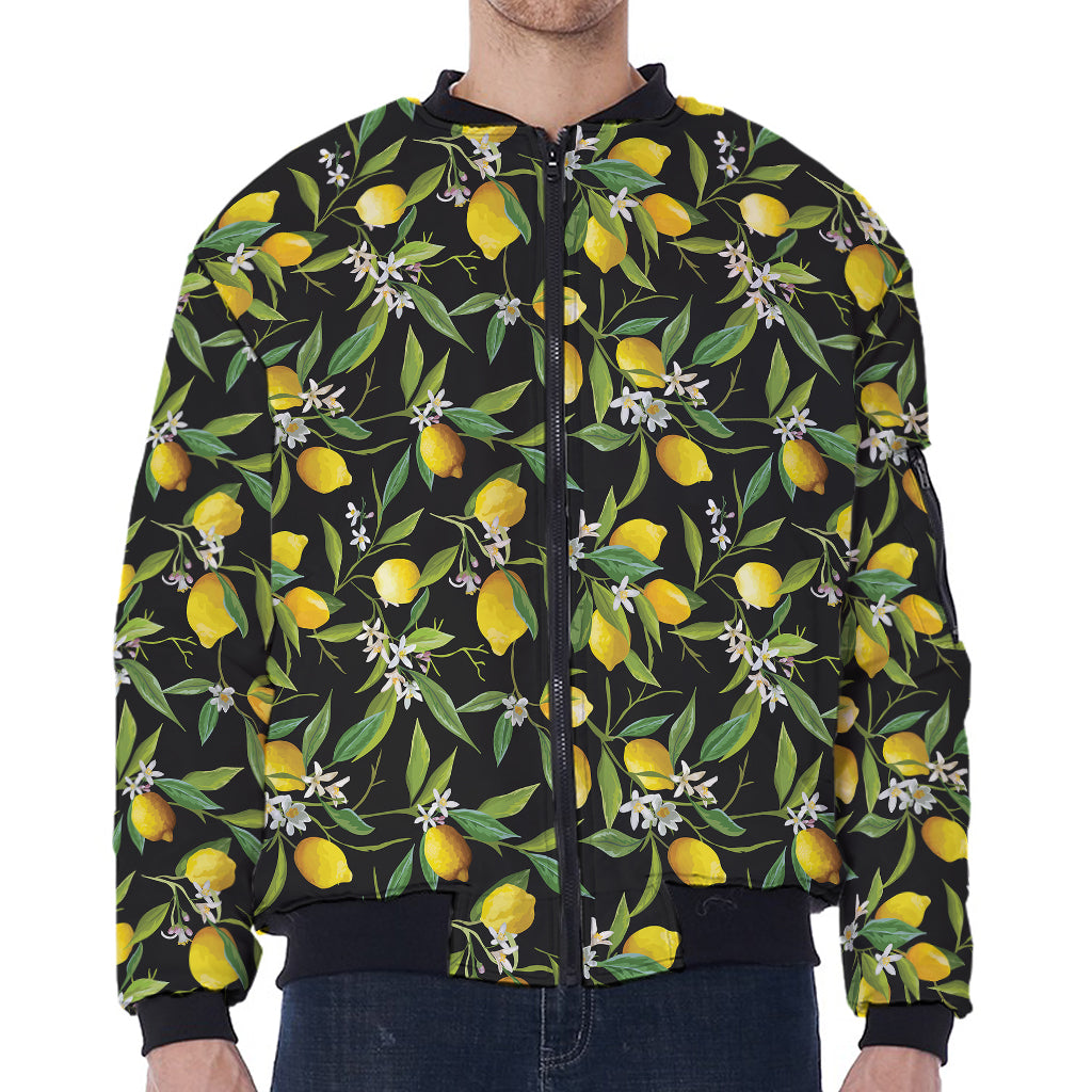 Lemon And Flower Pattern Print Zip Sleeve Bomber Jacket