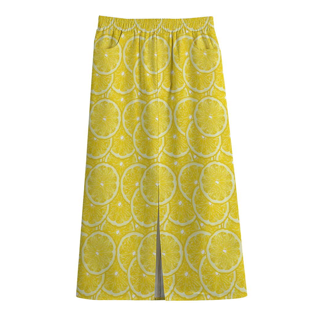 Lemon Slices Pattern Print Cotton Front Slit Maxi Skirt