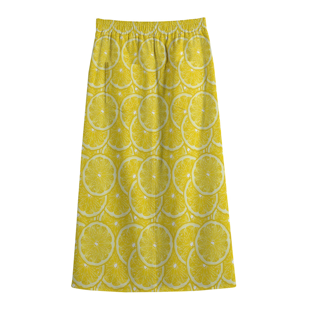 Lemon Slices Pattern Print Cotton Front Slit Maxi Skirt