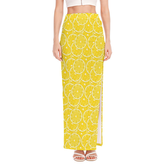 Lemon Slices Pattern Print High Slit Maxi Skirt