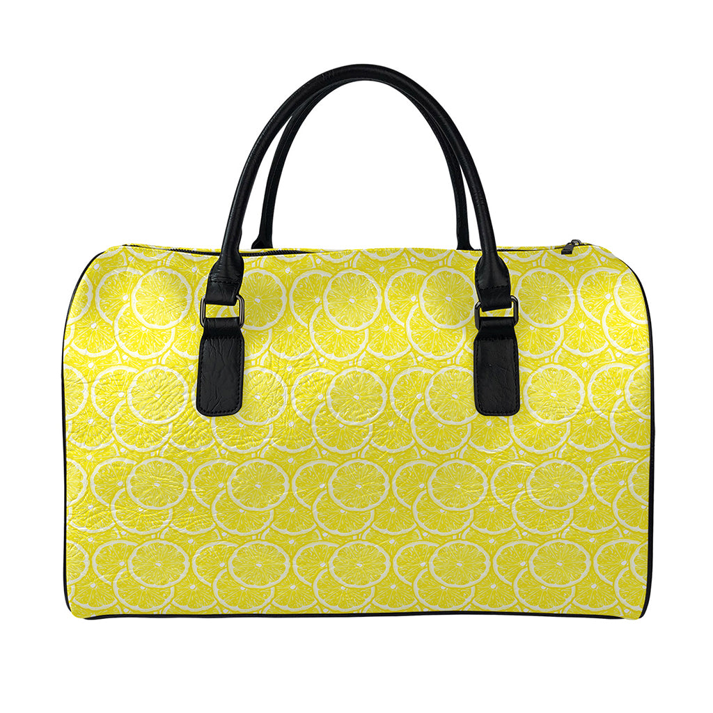 Lemon Slices Pattern Print Leather Duffle Bag