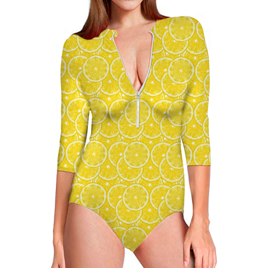 Lemon Slices Pattern Print Long Sleeve Swimsuit