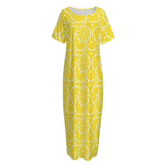 Lemon Slices Pattern Print Short Sleeve Long Nightdress