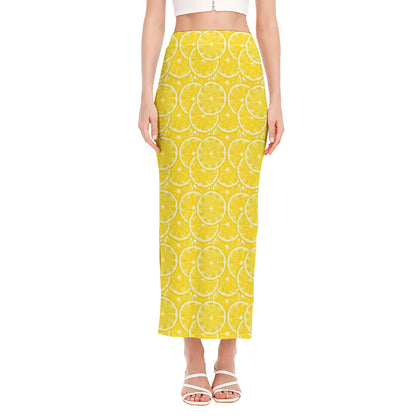 Lemon Slices Pattern Print Side Slit Maxi Skirt