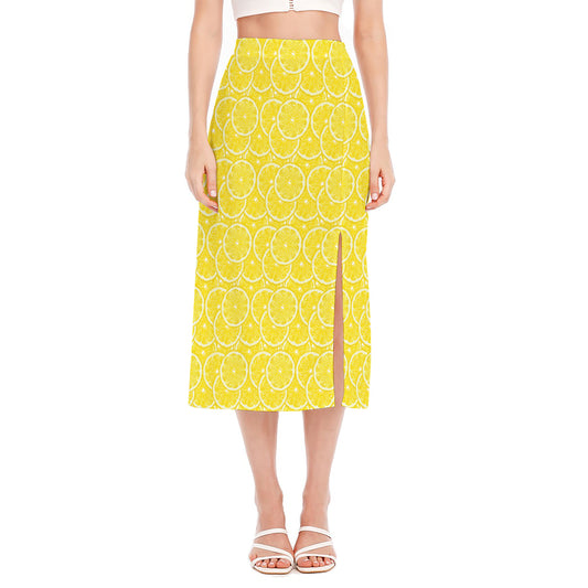 Lemon Slices Pattern Print Side Slit Midi Skirt
